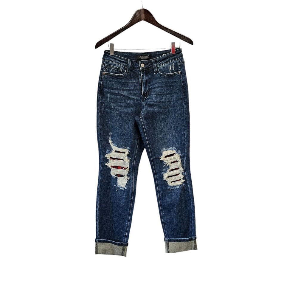 JUDY BLUE Jeans Boyfriend Fit Cuffed Distressed Buffalo Plaid 3/26‎
